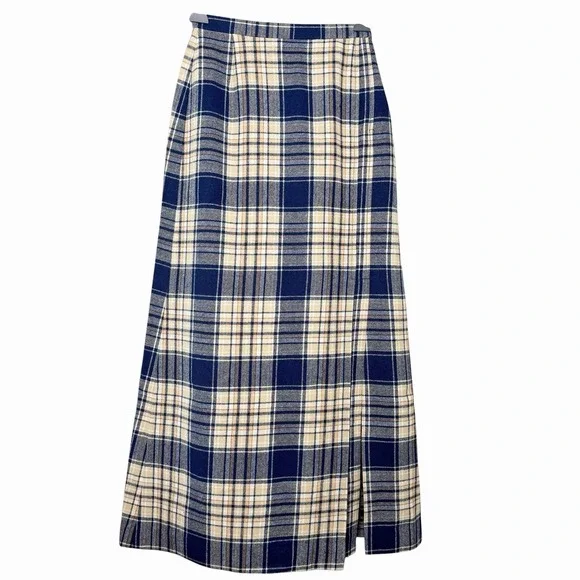 VTG Pendleton 100 % Virgin Wool Plaid Skirt 9/10 Blue Tan A-Line Midi USA Preppy - Picture 2 of 12